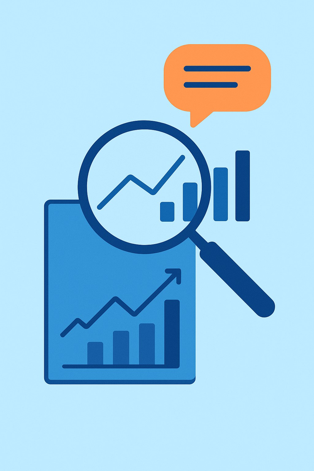 Una lupa sobre un gr&aacute;fico de datos del que sale un bocadillo de texto, representando datos convertidos en explicaci&oacute;n.