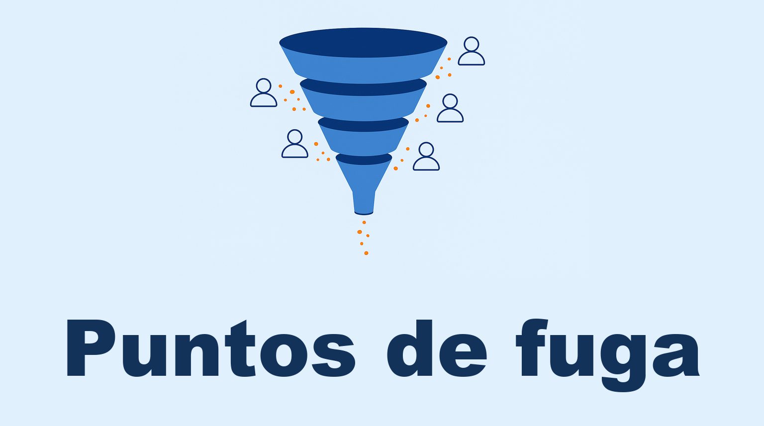 Embudo de conversi&oacute;n seccionado en cinco tramos, con part&iacute;culas escap&aacute;ndose por las juntas y un flujo central cada vez m&aacute;s fino.