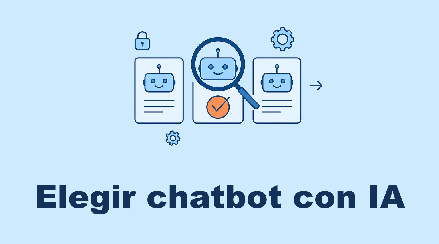 Tres opciones de chatbot comparadas, con una lupa sobre la elegida e iconos de seguridad, configuraci&oacute;n y exportaci&oacute;n.